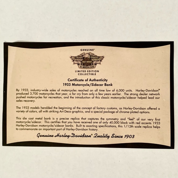 New Harley-Davidson 1933 Motorcycle Sidecar Bank 1:12 Scale Die Cast Replica - Picture 6 of 9